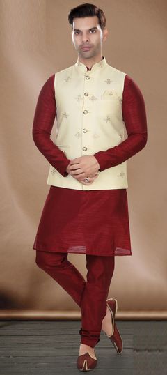 Red and Maroon color Kurta Pyjama with Jacket in Art Silk fabric with Embroidered, Resham, Thread work