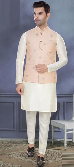 Beige and Brown color Kurta Pyjama with Jacket in Art Silk fabric with Embroidered, Resham, Thread work