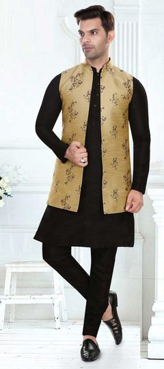 Black and Grey color Kurta Pyjama with Jacket in Art Silk fabric with Weaving work