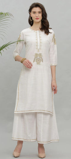 White and Off White color Salwar Kameez in Dupion Silk fabric with Embroidered work