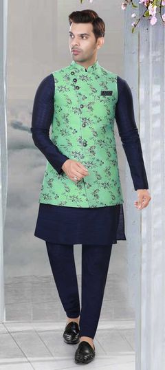 Blue color Kurta Pyjama with Jacket in Art Silk fabric with Weaving work