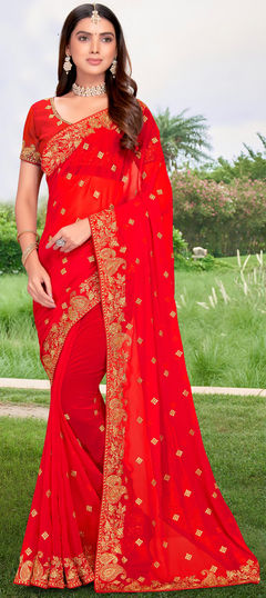 Red and Maroon color Saree in Georgette fabric with Embroidered, Stone, Thread, Zari work