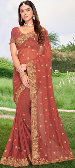 Beige and Brown color Saree in Georgette fabric with Embroidered, Stone, Thread, Zari work