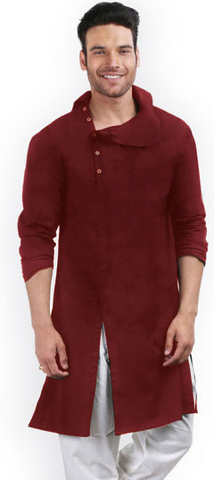 Red and Maroon color Kurta Pyjamas in Blended, Cotton fabric with Thread work