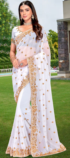 White and Off White color Saree in Georgette fabric with Embroidered, Stone, Thread, Zari work