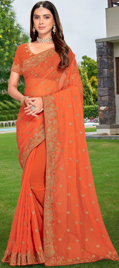 Pink and Majenta color Saree in Georgette fabric with Embroidered, Stone, Thread, Zari work