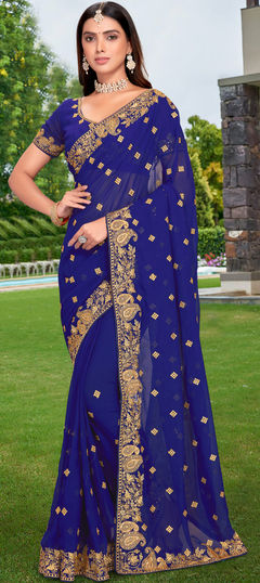 Blue color Saree in Georgette fabric with Embroidered, Stone, Thread, Zari work