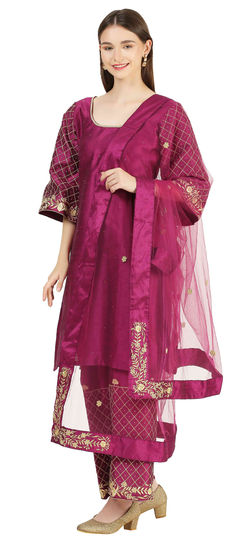 Pink and Majenta color Salwar Kameez in Raw Silk fabric with Embroidered, Thread, Zari work