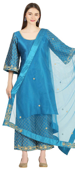 Blue color Salwar Kameez in Raw Silk fabric with Embroidered, Thread work