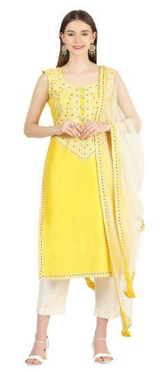 Yellow color Salwar Kameez in Raw Silk fabric with Embroidered, Thread work