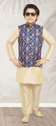 Beige and Brown color Boys Kurta Pyjama with Jacket in Art Silk fabric with Weaving work : 1842915