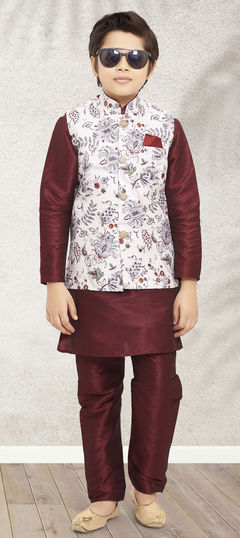 Red and Maroon color Boys Kurta Pyjama with Jacket in Art Silk fabric with Weaving work : 1842919