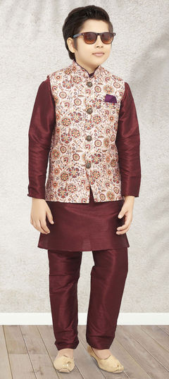 Red and Maroon color Boys Kurta Pyjama with Jacket in Art Silk fabric with Weaving work : 1842923