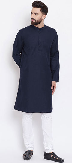 Blue color Kurta Pyjamas in Cotton fabric with Thread work