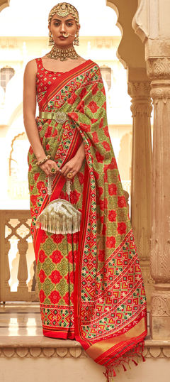 Green, Red and Maroon color Saree in Silk, Tussar Silk fabric with Weaving, Zari work