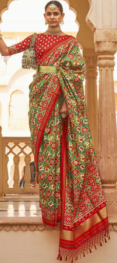 Green, Red and Maroon color Saree in Silk, Tussar Silk fabric with Weaving, Zari work