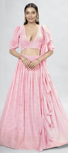 Pink and Majenta color Lehenga in Georgette fabric with Sequence, Thread work