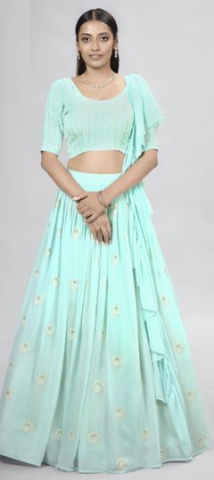 Blue color Lehenga in Georgette fabric with Sequence, Thread work