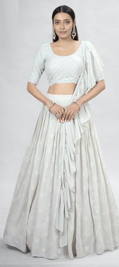 White and Off White color Lehenga in Georgette fabric with Sequence, Thread work