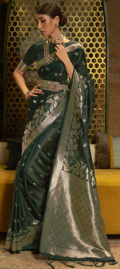 Green color Saree in Satin Silk, Silk fabric with Weaving work