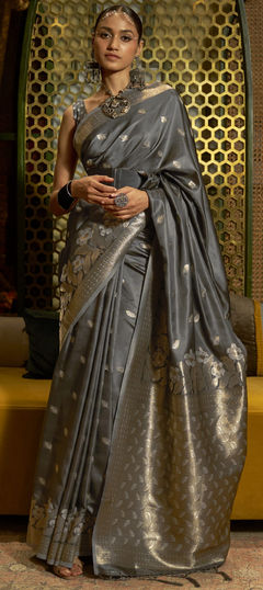 Black and Grey color Saree in Satin Silk, Silk fabric with Weaving work