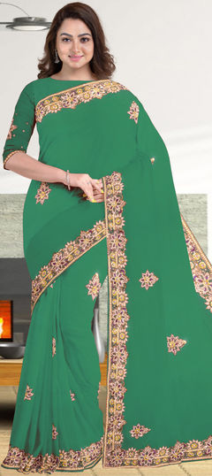 Green color Saree in Georgette fabric with Stone work