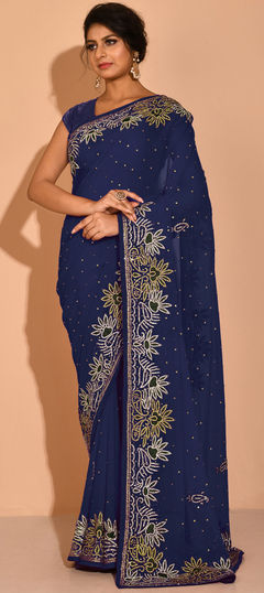 Blue color Saree in Georgette fabric with Stone work