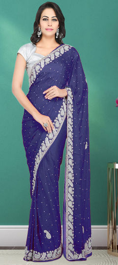 Blue color Saree in Georgette fabric with Stone work