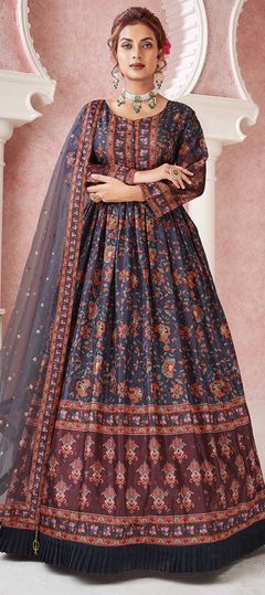 Festive, Party Wear Blue color Gown in Dolla Silk fabric with Digital Print, Embroidered, Sequence work : 1843624