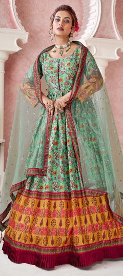 Festive, Party Wear Green color Gown in Dolla Silk fabric with Digital Print, Embroidered, Sequence work : 1843627