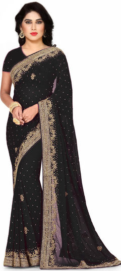 Black and Grey color Saree in Georgette fabric with Stone work