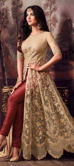 Beige and Brown color Long Lehenga Choli in Net fabric with Embroidered, Stone, Zari work