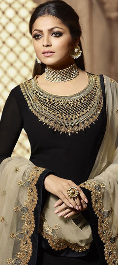 Black and Grey color Long Lehenga Choli in Georgette fabric with Embroidered, Stone, Zari work