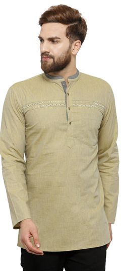 Beige and Brown color Kurta in Blended, Cotton fabric with Thread work