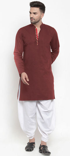 Red and Maroon color Dhoti Kurta in Cotton fabric with Thread work