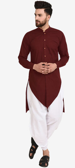 Red and Maroon color Dhoti Kurta in Cotton fabric with Thread work