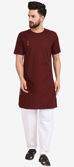 Red and Maroon color Kurta Pyjamas in Cotton fabric with Thread work