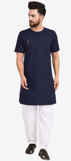 Blue color Kurta Pyjamas in Cotton fabric with Thread work