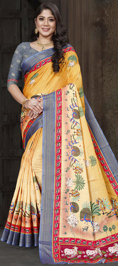 Yellow color Saree in Art Silk, Silk fabric with Weaving work