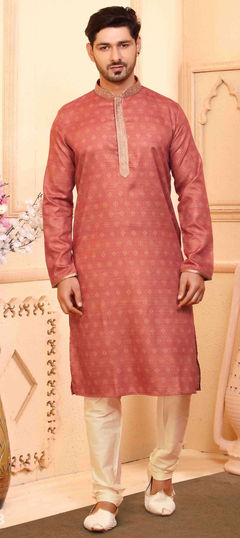 Pink and Majenta color Kurta Pyjamas in Art Silk fabric with Lace work