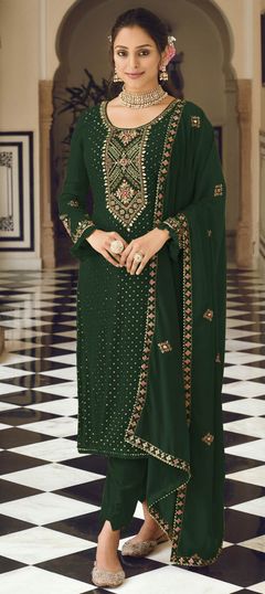 Green color Salwar Kameez in Faux Georgette fabric with Embroidered, Sequence, Thread work