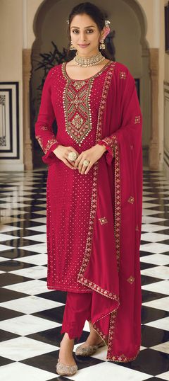 Pink and Majenta color Salwar Kameez in Faux Georgette fabric with Embroidered, Sequence, Thread work