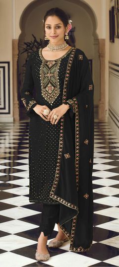 Black and Grey color Salwar Kameez in Faux Georgette fabric with Embroidered, Sequence, Thread work