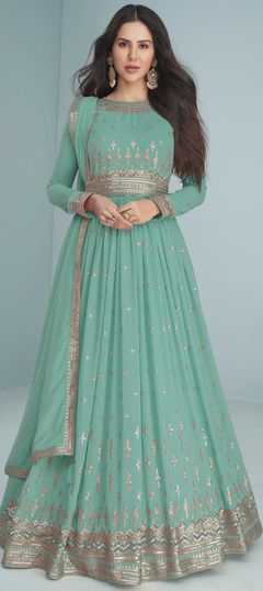 Green color Salwar Kameez in Faux Georgette fabric with Embroidered, Sequence work