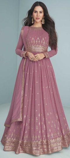 Pink and Majenta color Salwar Kameez in Faux Georgette fabric with Embroidered, Sequence work