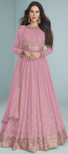 Pink and Majenta color Salwar Kameez in Faux Georgette fabric with Embroidered, Sequence work