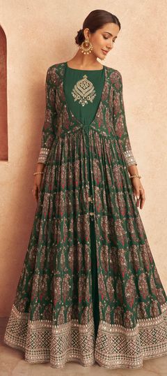 Green color Gown in Georgette fabric with Embroidered, Printed, Zari work