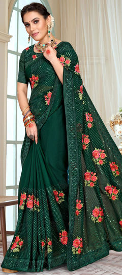 Green color Saree in Georgette fabric with Embroidered, Resham, Sequence, Thread work