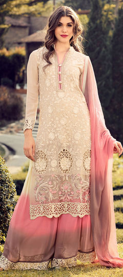 Beige and Brown color Salwar Kameez in Georgette fabric with Embroidered, Stone, Thread, Zari work