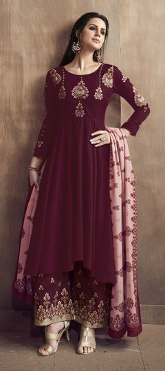 Red and Maroon color Salwar Kameez in Silk cotton fabric with Embroidered, Stone, Thread, Zari work